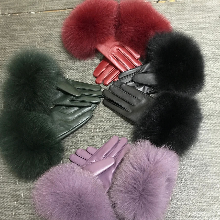Real Sheepskin Fox Fur Gloves Womens Genuine Leather Glove Winter Warm Fashion Style Natural Fluffy Fox Fur Oversized Customize 251029