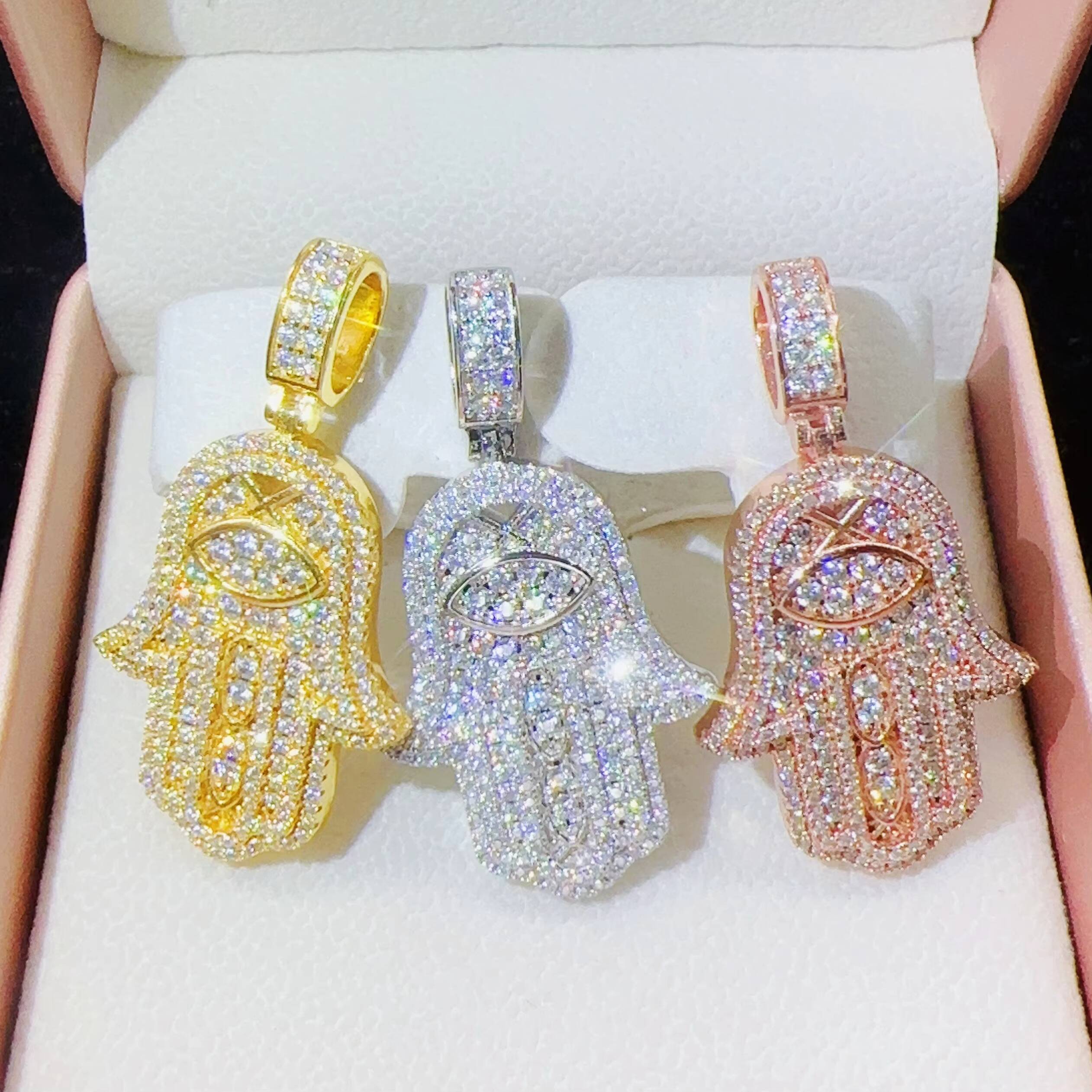 Pass Diamond Tester 925 Sterling Silver Jewelry Full Moissanite Hamsa Hand Pendant VVS Diamond Chain