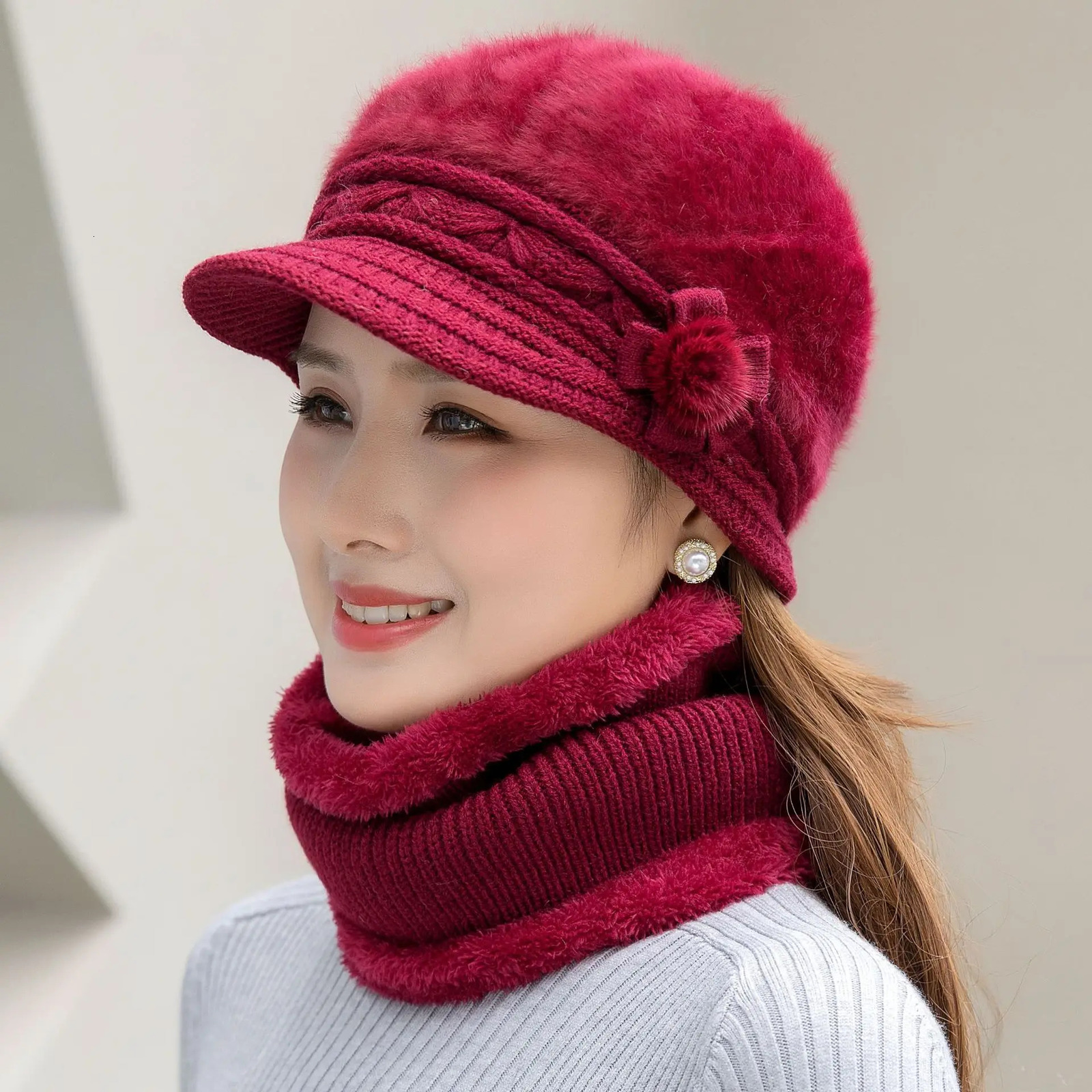 Women Winter Hat Keep Warm Cap Add Fur Lined Hat Scarf Warm Set Fashion Hat For Women Casual Faux Fur Flower Knitted Hat 251029