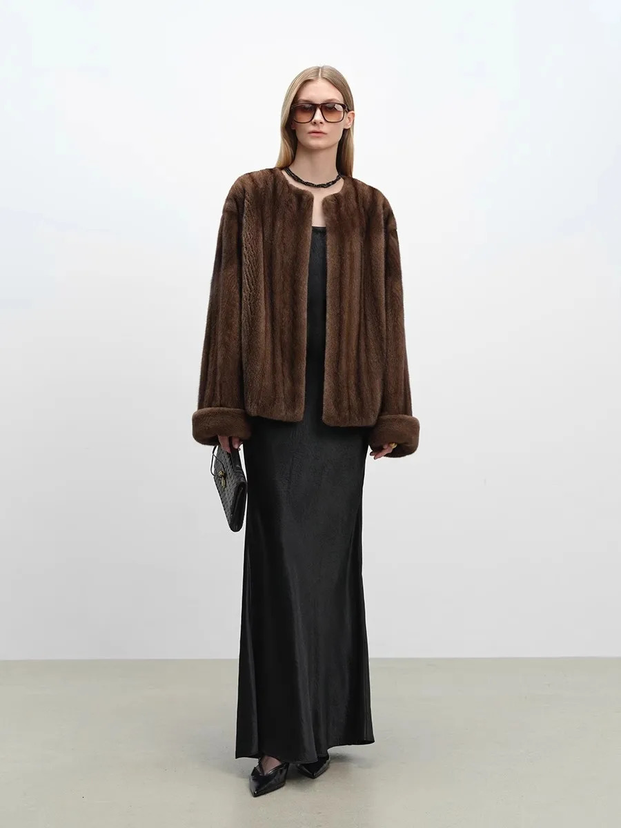 Lautaro Autumn Winter Short y Elegant Thick Warm Soft Brown Faux Mink Fur Coat Women Long Sleeve Modern Chic Fluffy Jacket 251028