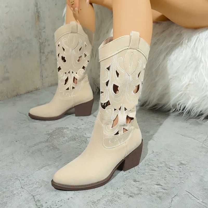 2025 Hollow Embroidered Vintage Western Boots Women Autumn Chunky Heels Knee High Cowboy Boots Woman Pu Leather Knight Booties Z251029