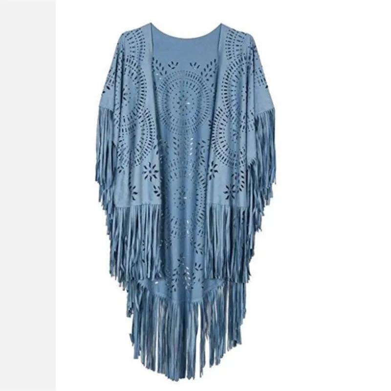 Camel Suede Floral Hollow Out Fringe Tassel Shawl Women Vintage Capes Ponchos Autumn Bohemian cardigan Cloak Boho Capes 251029