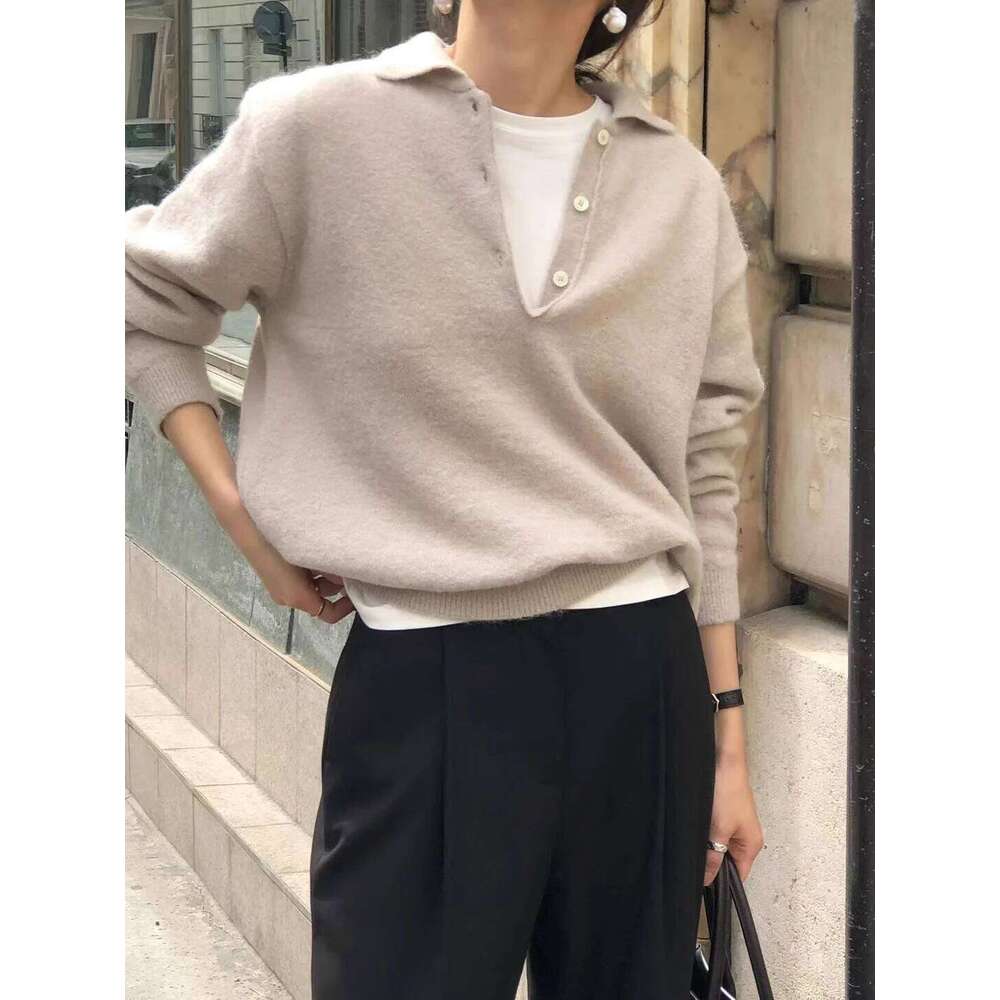 Autumn/Winter New Sweater 100% Wool Knitted Hoodie Solid Color Casual Women's Top Loose And Simple Top With A Flip Collar