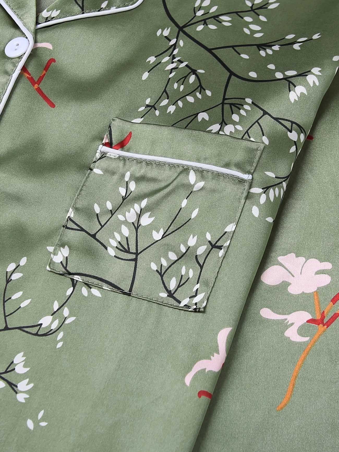 Elegant Floral Print Pajama Set Long Sleeve Blouse Top Elastic Waistband Pants Womens Sleepwear LoungewearT251029