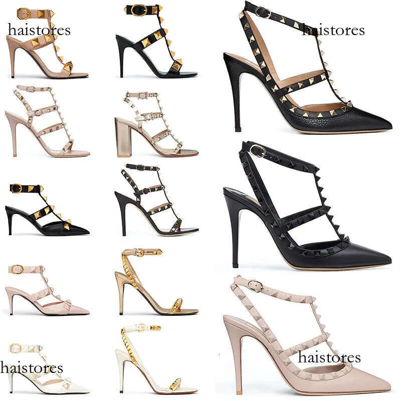 with box designers high heel sandals pumps dress shoes ankle strap roman stud black nude sliver rivets womens stiletto chunky heels 6 shoe ly CKJ0