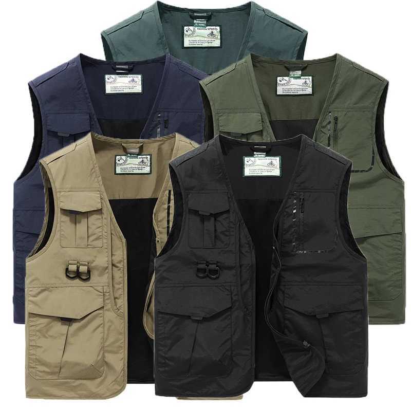 2024 Men Spring Sleeveless Many Pocket Stand Collar Vest Jackets Men Solid Color Outdoors Fishing Cargo Casual Vest Jackets Male W251029