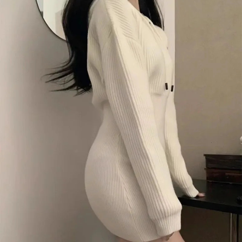 Sexy White Thicken Knit Mini Dress Woman Korean Elastic High Waist Bandage Dresses Women Hooded Outwear Long Sleeve Slim Dress 251029
