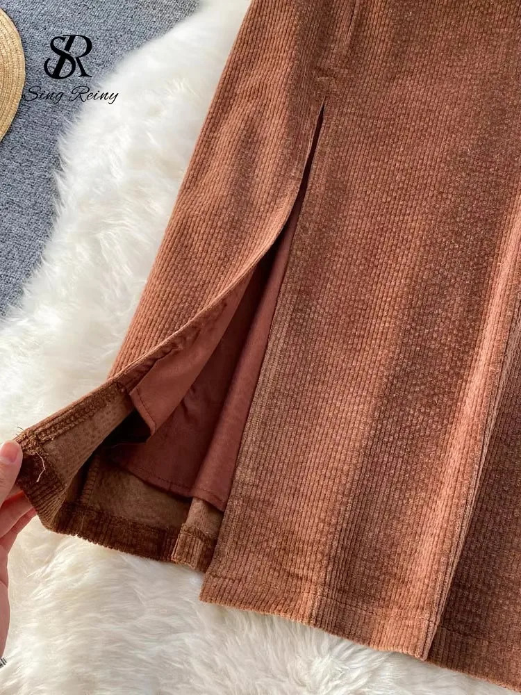 SINGREINY Women Korean Split Sexy Long Skirt 2024 Winter Corduroy Slim Thick Streetwear Fashion Vintage Autumn Bodycon Skirt 251028