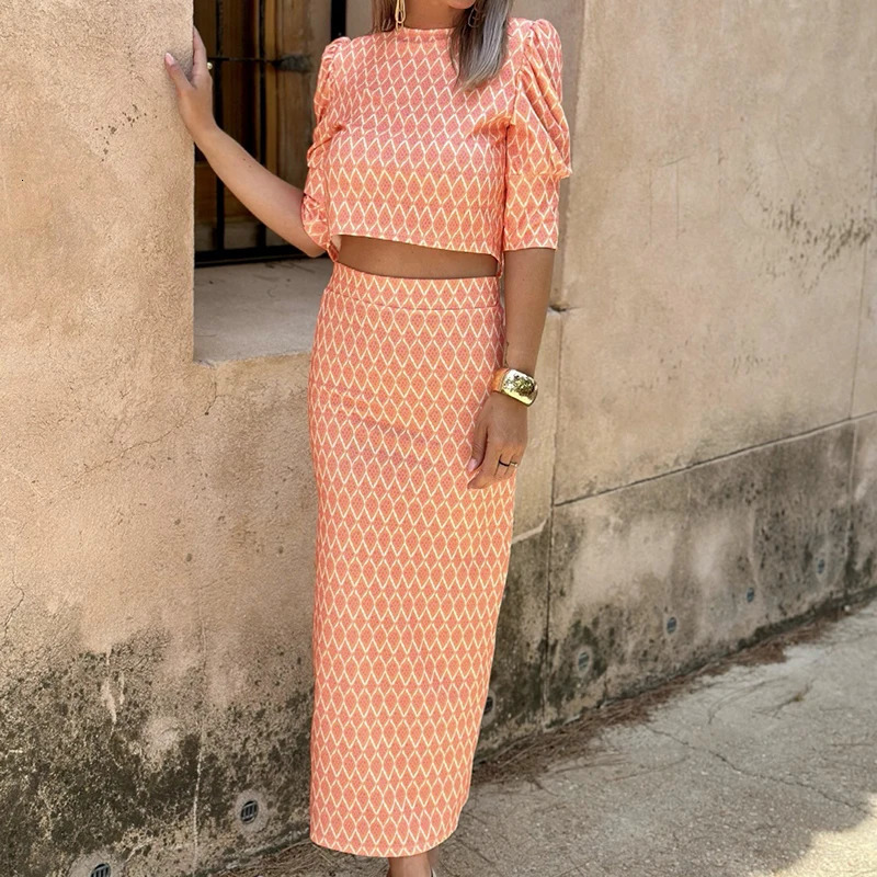 Summer Fashion Slit Skirt Suits Chic Geometry Print Puff Sleeve TopDress Set Temperament O Neck Backless Evening Cloth 2pc 251016