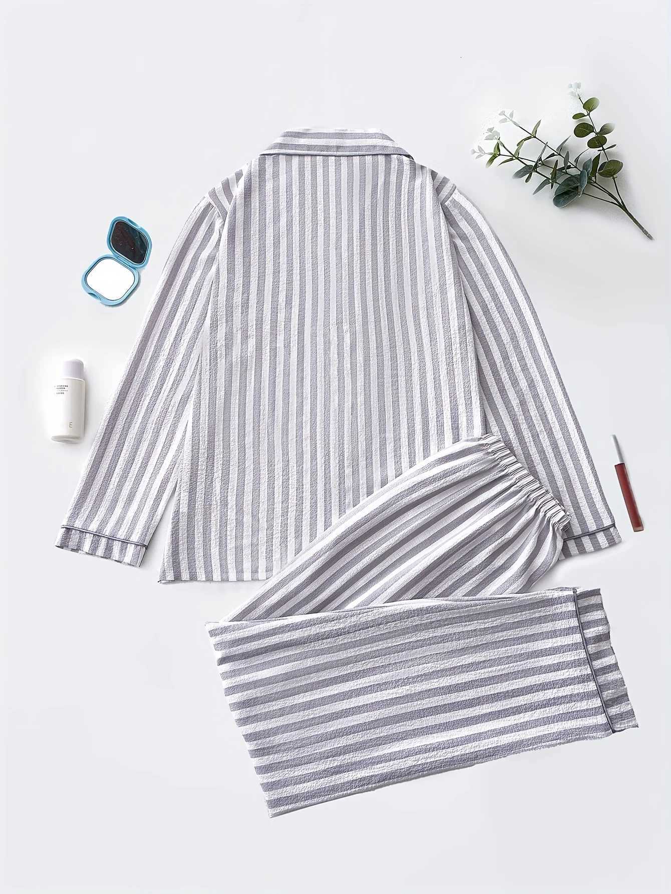 Elegant Striped Polyester Pajama Set for Women with Lapel Collar Long Sleeve ButtonUp Top and Long Pants FallWinter Woven ST251029