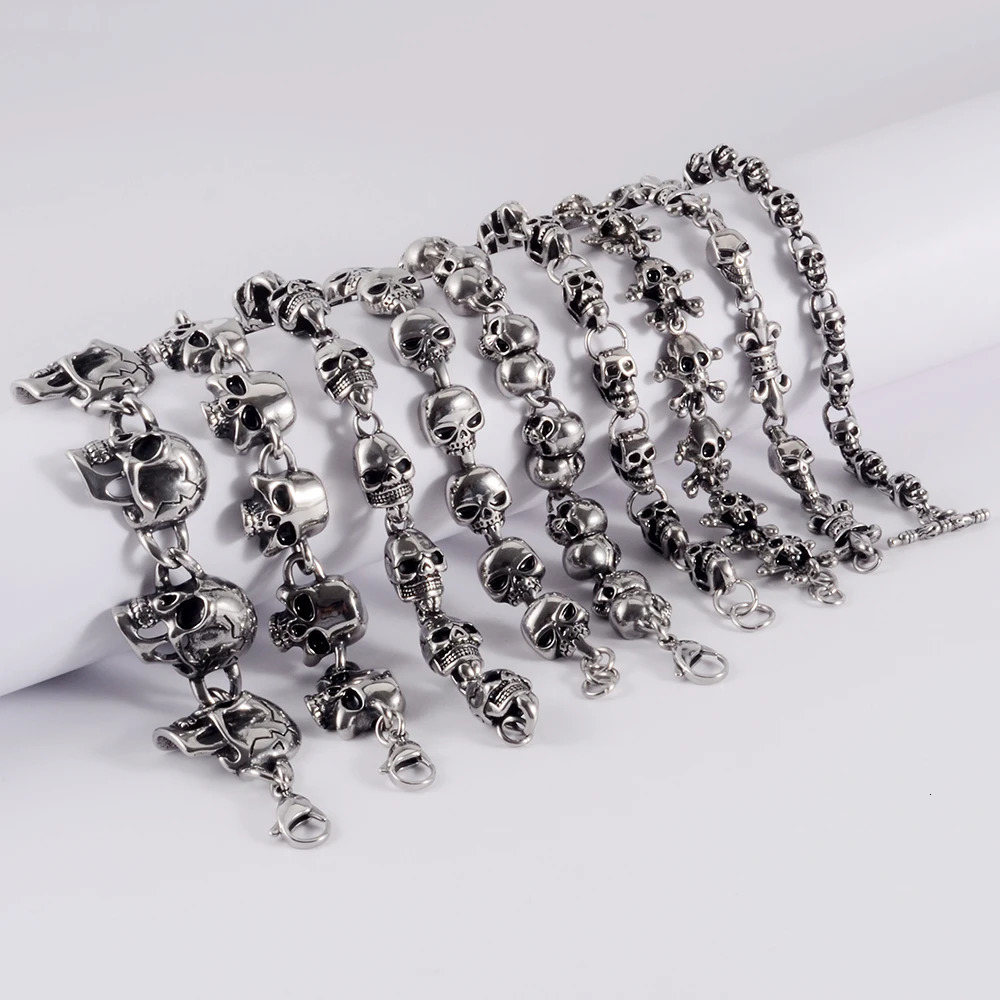 1PC Steel Gothic Head Cross Vintage Man Bracelet Chain Skeleton Hip Hop Skull Men Cuban Bracelets Unisex Punk Jewelry 251028