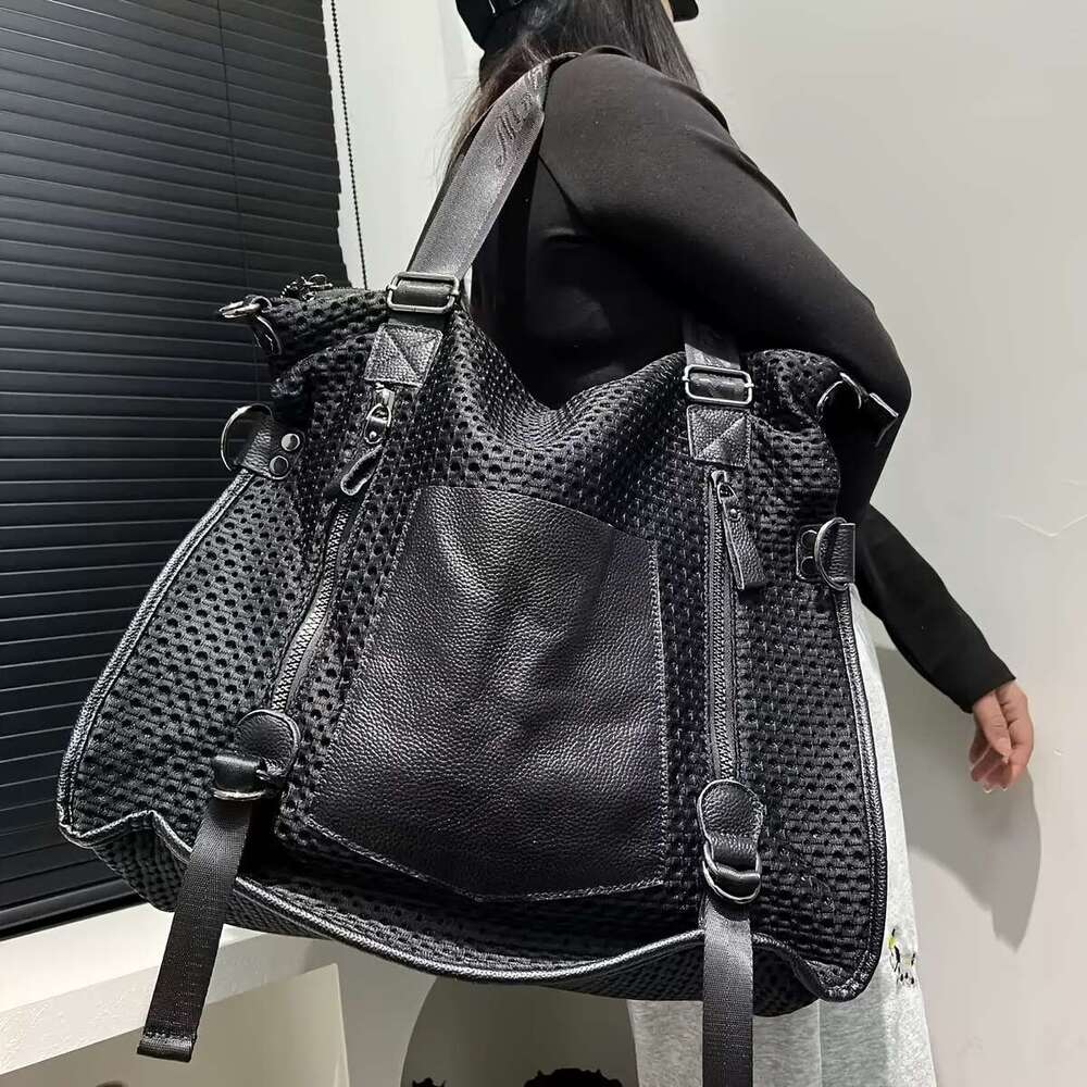 Genuine Top Women Large Capacity Vintage Tote Bag Secure Zipper Closure Mesh Like Patch, Convertible Crossbody
