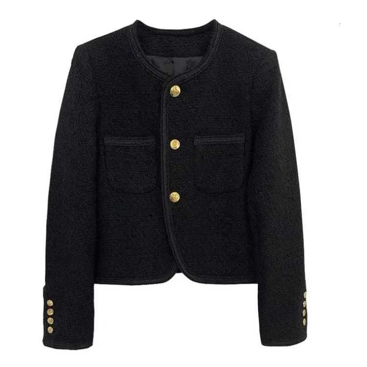 2025 Autumn New Black Tweed Coat Women Korean Elegant Oneck Slim Fit Tops Y2k Grunge Long Sleeve Jackets Mujer Y251105