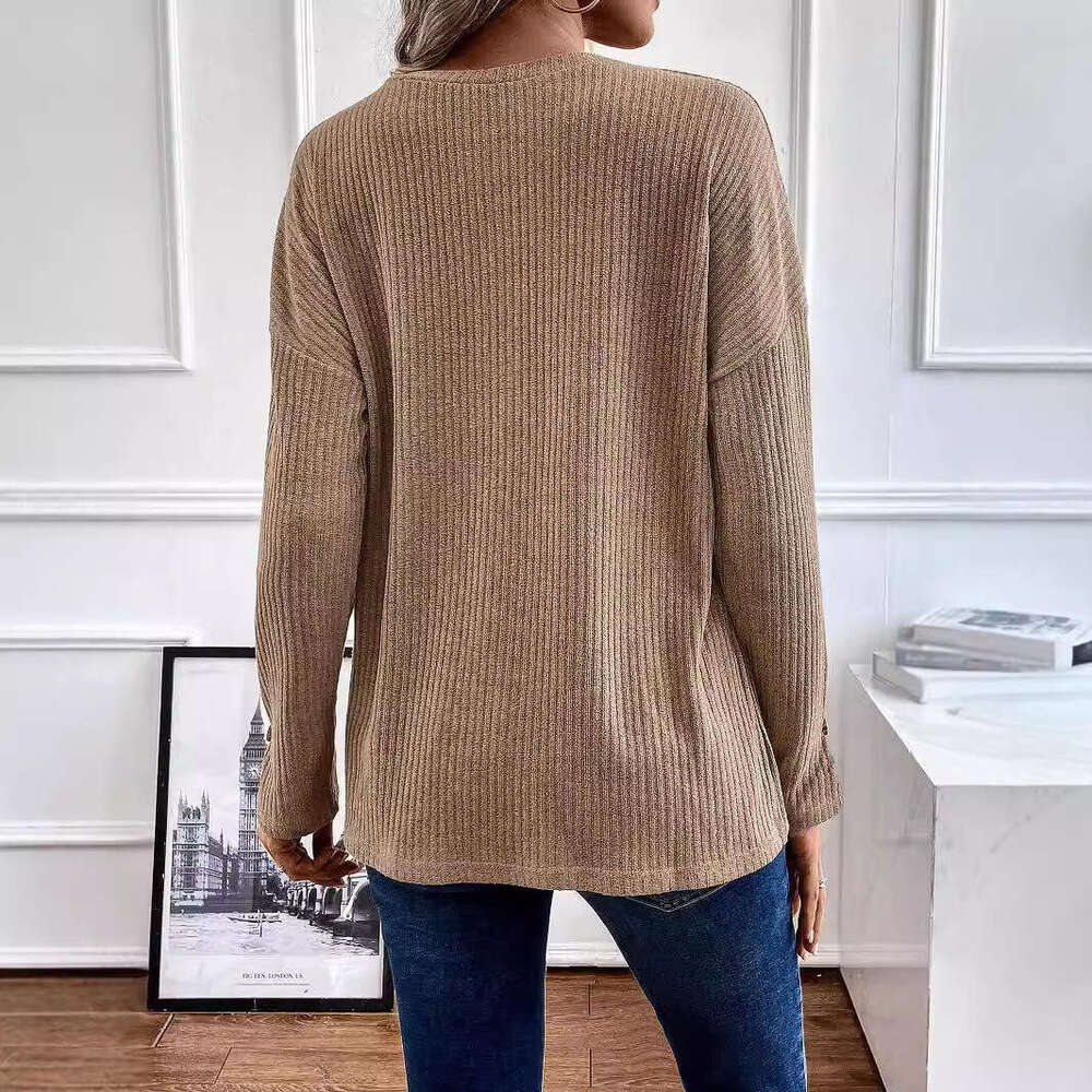 Spring And Autumn Button Ribbed Knitted Tops Casual Sweater All-Match Solid Color Long-Sleeved Pullover V-Neck Top