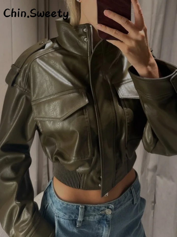 Street Vintage Pockets Cropped Leather Jacket Women Loose Stand Collar Long Sleeve Zipper Coat 2025 Autumn Lady Chic Outwear 251029