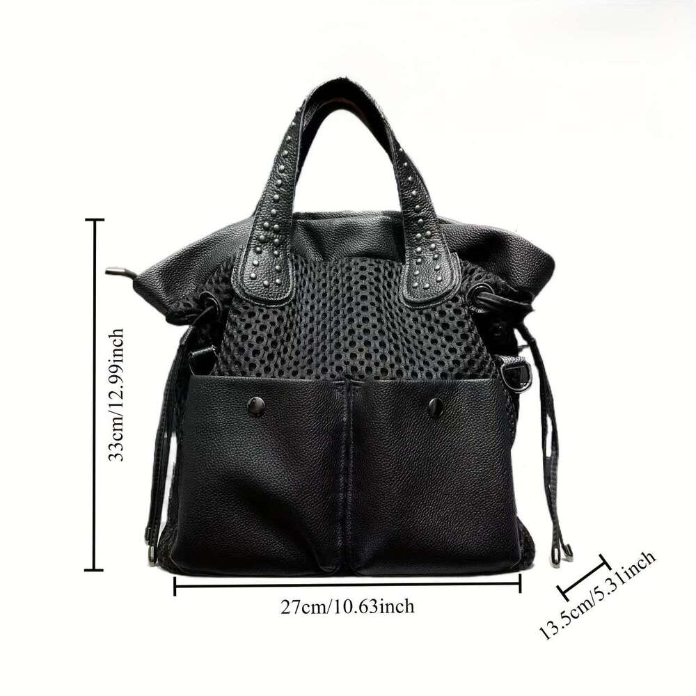 Stylish Women Large Capacity With Mesh Panel Rivet Accents Convertible To Crossbody Bag, Durable Nylon, Multi Front Pocket
