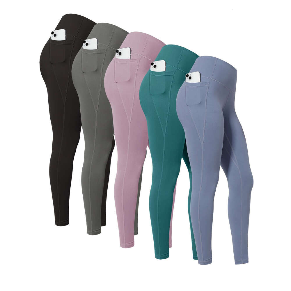 5pcs Multi-Color Pack Maroon/Blue/Black/Olive Women's High-Waisted Leggings with Side Pockets - Non-See-Through & Pants, Stretchy Cropped Bottoms