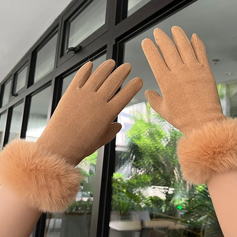 Winter Rabbit Fur Mouth Full Finger Touch Screen Plus Velvet Warm Gloves For Women 251029
