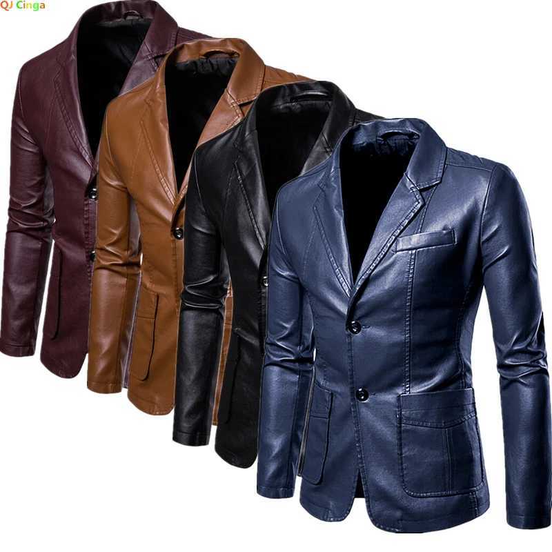 Autumn New Mens Black Lapel Leather Suit Jacket Blue Business Casual PU Jacket Red and Khaki BlazersT251029