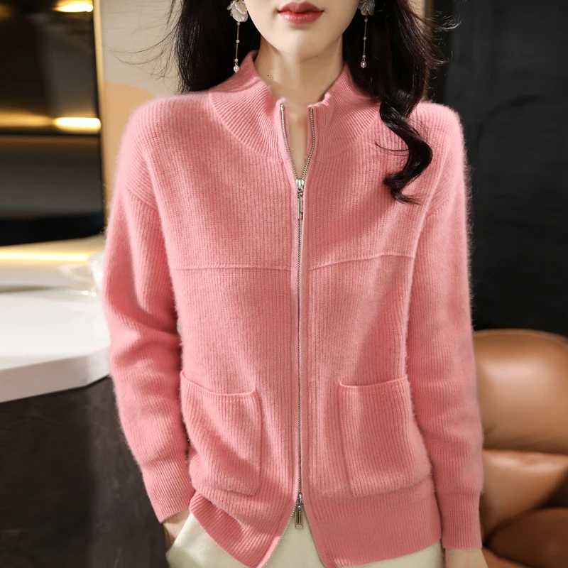 Women 100 Merino Wool Sweater Halfhigh Collar Cardigan AutumnWinter Thickening Tops Cashmere Double Zipper Knitting JacketT251028