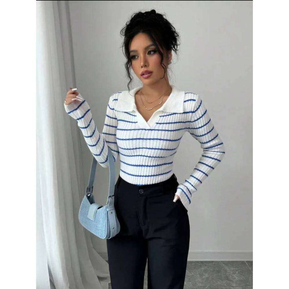 Miyouj Stripe Pullover Sweater New Underlay Clothes Women's Autumn Underwear Slim Style Popular V-Neck Sweaters