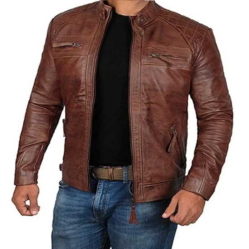 Spring and Autumn Mens Fashion Handsome Leather Coat Stand Collar Punk Motorcycle Leather JacketT251029