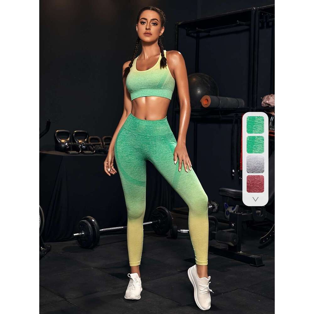 2Pcs Ombre Yoga Set, Racerback Sports Bra & High Stretch Running Workout Leggings Suit, Women's Activewear