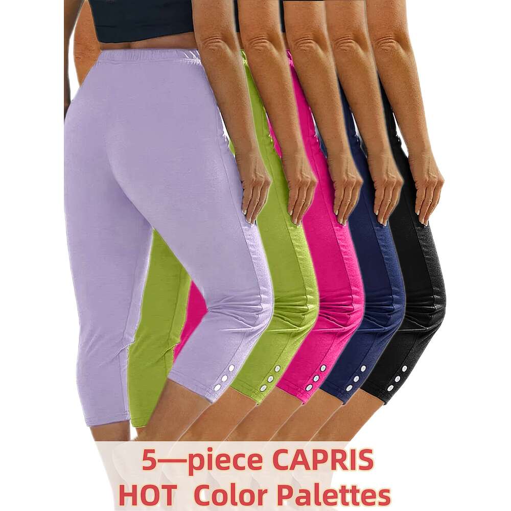 5pcs Plus Size Women's Capri Leggings - High Stretch, Solid Color with Button Detail, Perfect for Yoga & Running