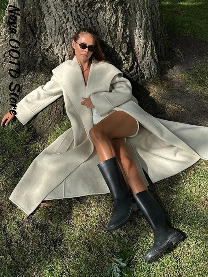 Elegant Shawl Collar Lace Up Long Woolen Coat Women Full Sleeve Belt Lapel Thick Overcoat Autumn Winter Lady Chic Outwear 251028