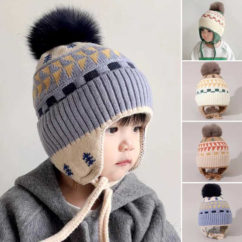 Fluffy Fur Ball Baby Knitted Hat Winter Warm Kids Earmuffs Cap 36year Boy Girl Woolen Crochet Bonnet Fashion Children Beanies251028