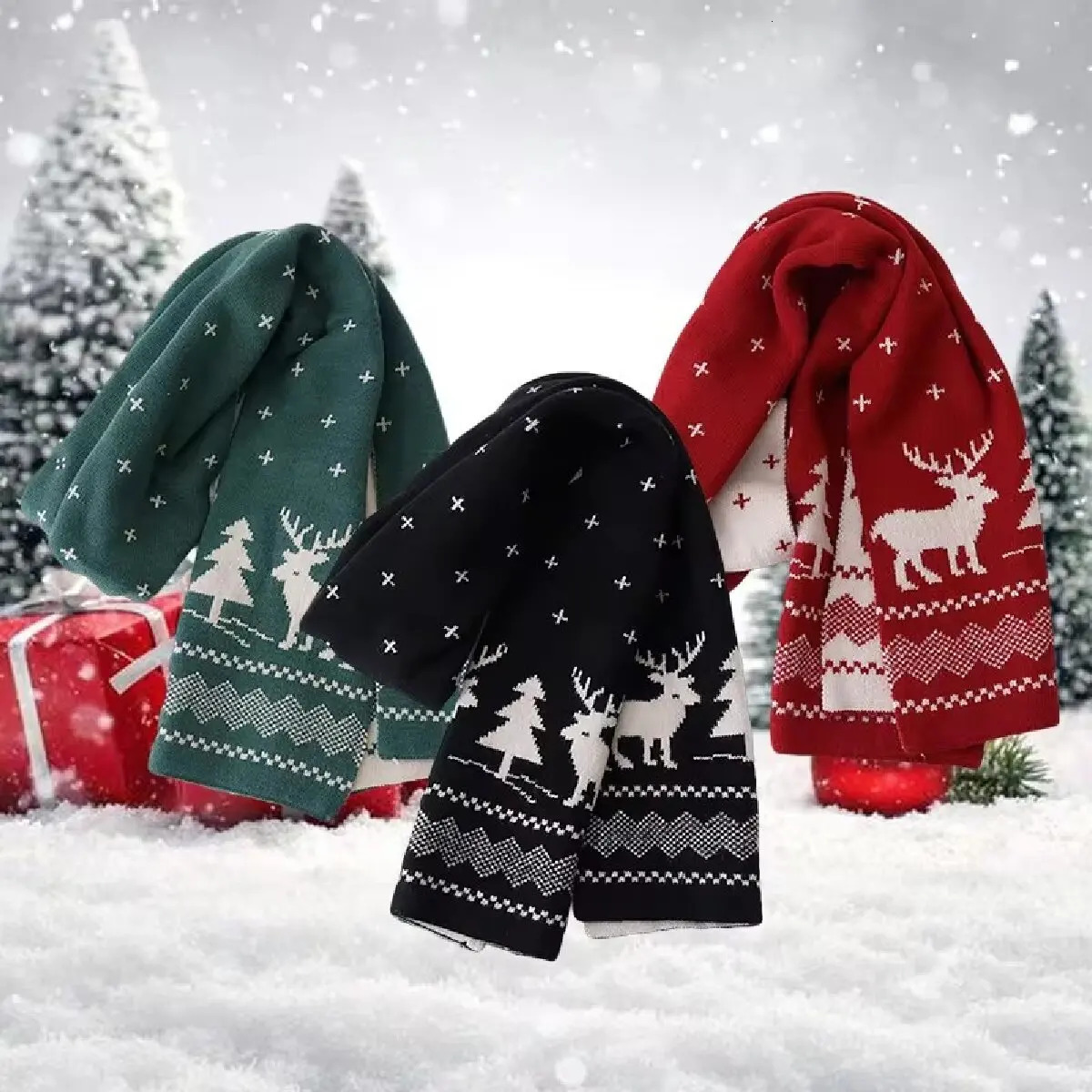 Winter Warm Scarf for Women Men Deer Elk DoubleSided Knitted Scarves Fashion Versatile Woolen Shawl Girls Christmas Present i251029