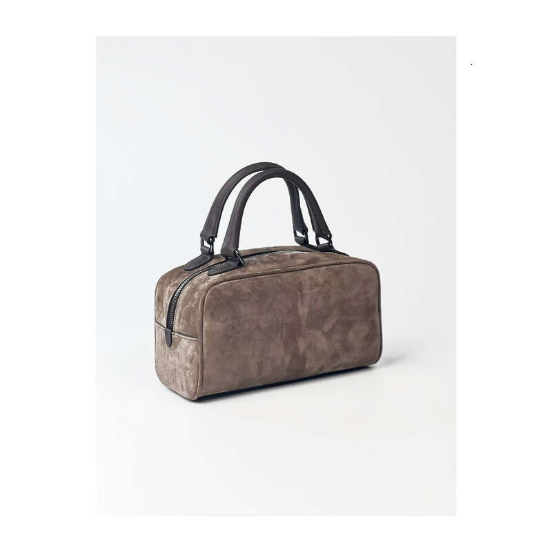 Bowling Crossbody Sheepskin Full Leather Inside and Out Milk Tea Color Boston Bag Handheld