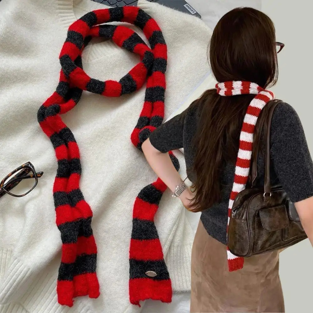 Y2k Black Grey Stripe Long Scarves Women Harajuku Cotton Scarves Black And White Striped Scarf Thin Long Decorative Neckerchief 251029