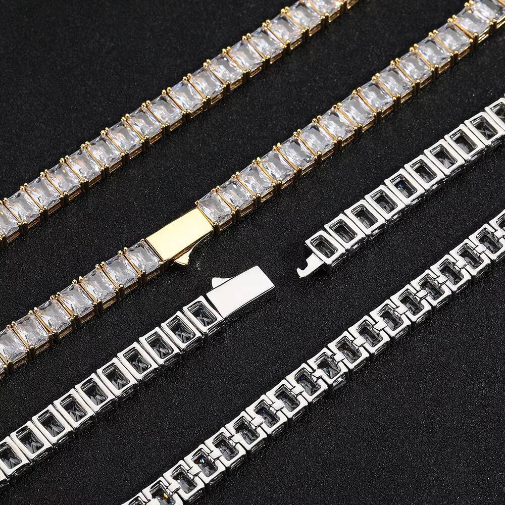 NUOYA Gold Plated 925 Silver Tennis Chain Necklace 6mm VVS Moissanite Rectangular Black Hip Hop Jewelry Iced Out Necklace Gift