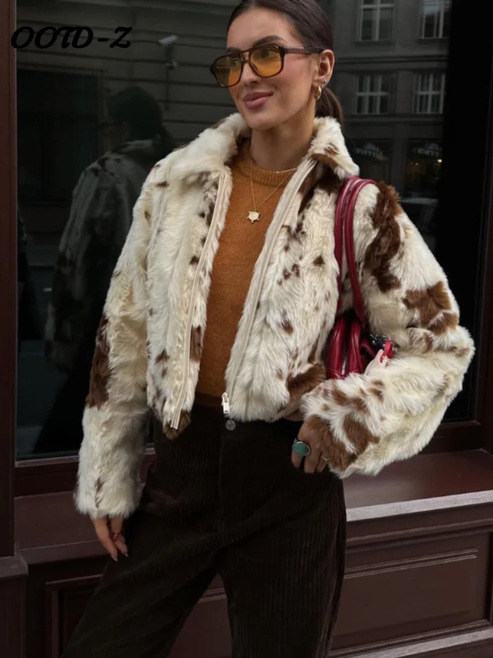 Faux Fur Contrast Women Coat 2025 Lapel Zipper Long Sleeve Female Coats Vintage Autumn Winter Pocket Thicken Warm Lady Outwear 251029