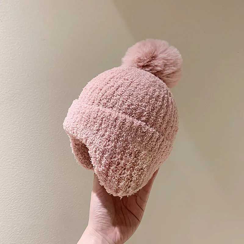 Winter Warm Baby Ear Protection Hat Solid Color Coral Velvet Kids Pompom Beanies Bonnet Plush Ball Children Earmuffs Cap 27year251028