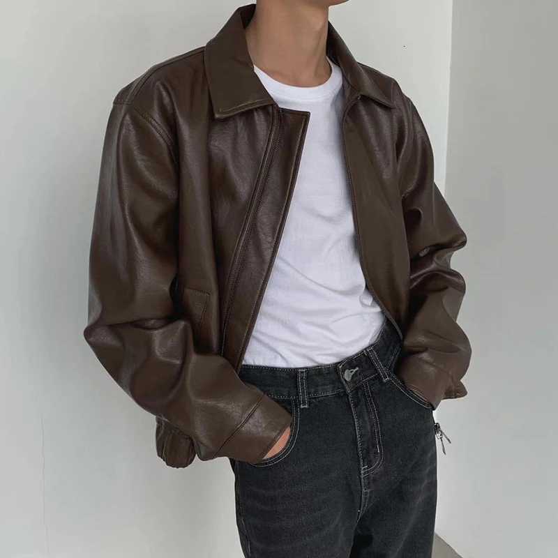 Trendy Y2K Mens Leather Jacket Coat Streetwear Fashion Solid Color Loose Long Sleeve PU Leather Coats Men Autumn Vintage JacketsT251029