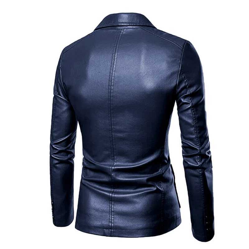 Autumn New Mens Black Lapel Leather Suit Jacket Blue Business Casual PU Jacket Red and Khaki BlazersT251029