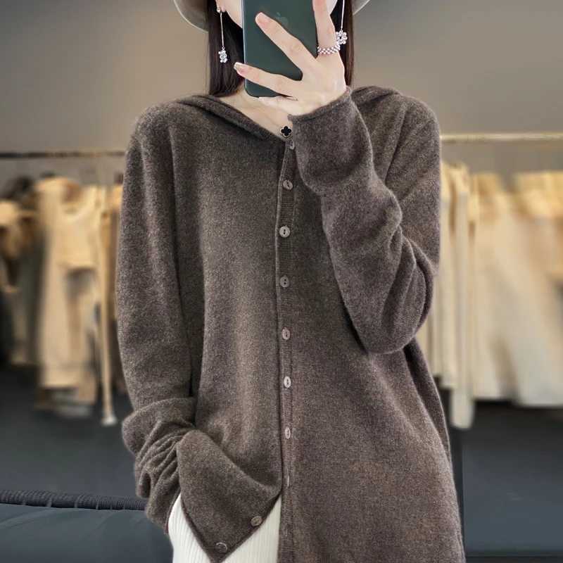 100 pure wool womens cardigan autumn and winter cashmere sweater womens casual knitted hooded top womens jacket fashionT251028