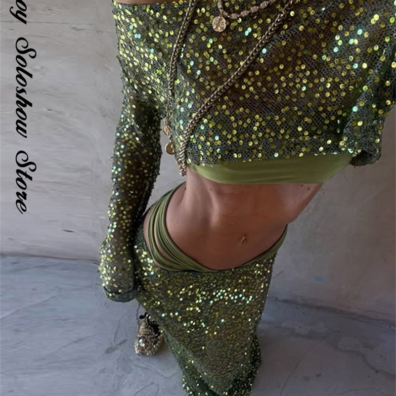 Sexy Sequin Crop Top Skirt Set Women Slim Slash Neck Long Sleeve Tops See Through Long Skirts 2025 Summer Beach Shiny Lady Suit 251028