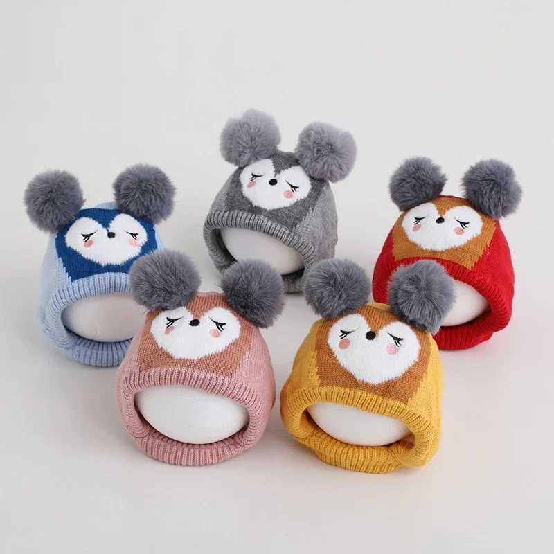 Winter Baby Knitted Hat Cute Cartoon Pompom Infant Boy Girl Beanie Cap Thick Velvet Lining Kids Ear Protection Hats251028