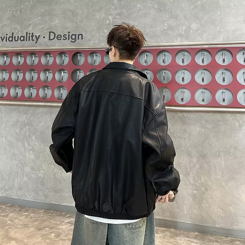 American Style Leather Jacket For Men Spring And Autumn, High-end Feel Cool And Trendy Brand Casual Designer Jacket Loose PU Leather Turn-down Collar 