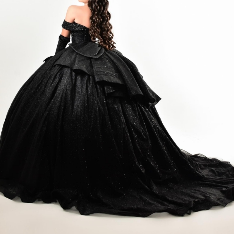 Black Quinceanera Dresses Off The Shoulder Beads Bow Tull Party Birthday Sweet 16 Dress Vestidos 15 de anos