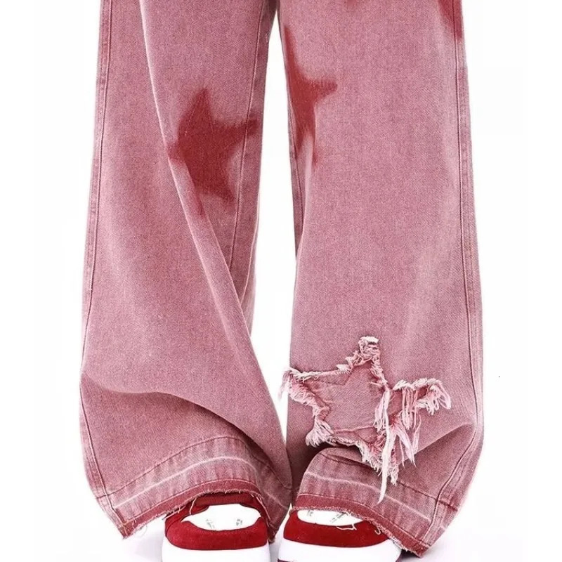 Spring Autumn Women Pants Retro Jeans Fivepoint Star Raw Edge Splicing Loose Wideleg Jeans Trendy Allmatch Mopping Pants 251029