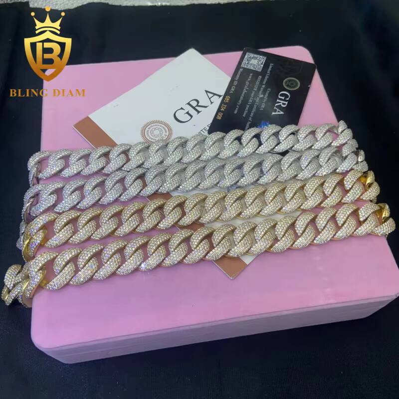 In Stock HipHop Style S925 Moissanite Cuban Chain 20MM Pass Diamond Tester VVS Iced Out Moissanite Necklace Chain Silver GRA