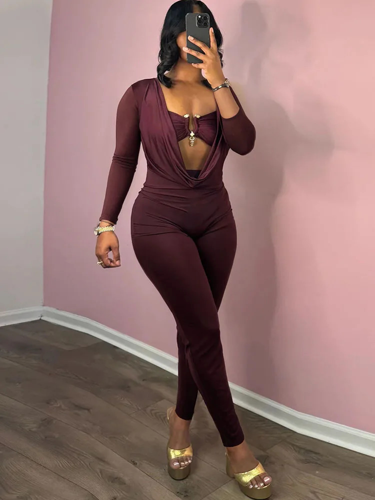 Sisterlinda Swinging Neck Slim Jumpsuits Sexy Solid Cleavage Full Sleeve Elastic OverallsInside Chest Tanks Mujer Clubwear 251029