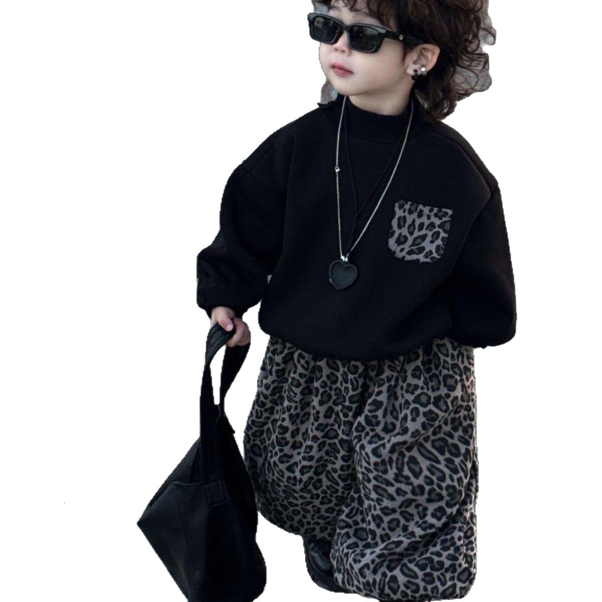 Spring and Autumn Designer Fashion Korean Boys Cool Fashion Multi functional Retro Leopard Pattern Set Children's Fashion Top and Pants