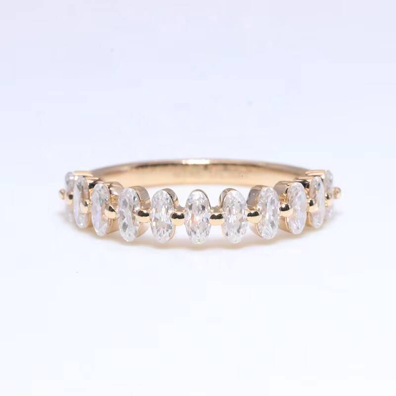 14K Solid Gold Jewelry 2x4mm Oval Cut Moissanite Yellow Gold Wedding Band Ring for Women