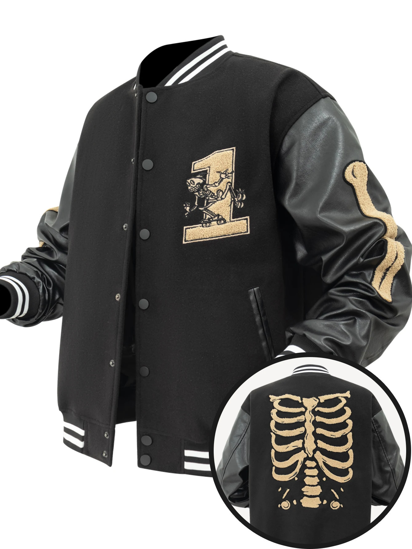 Mens Varsity Jacket Skeleton Graphic Baseball College School FauxWoolLeather Bomber Halloween costumes Outerwear Coats 251028