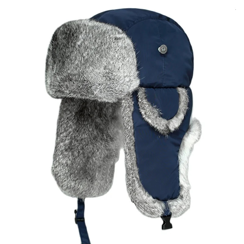 Russia Winter Real fur Hat Men Outdoor Windproof Super Warm Rabbit Fur Bomber Hats Natural Soft Caps 251013